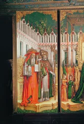 Triptych Panny Marie s dítětem obklopené svatými, detail levého panelu zobrazující svatého Jeronýma a svatého Řehoře, 1446 (tempera na plátně)